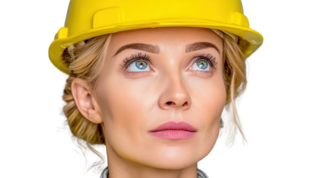 Pensive Construction Worker: A dedicated construction worker, clad in a vibrant yellow hard hat, gazes thoughtfully upwards, embodying a sense of professionalism, focus.