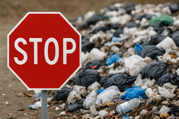 Stop pollution plastic waste warning sign, environmental awareness concept, red stopboard near landfill trash, plastic bags pile, environmental hazard alert, garbage disposal issue, eco crisis scene

