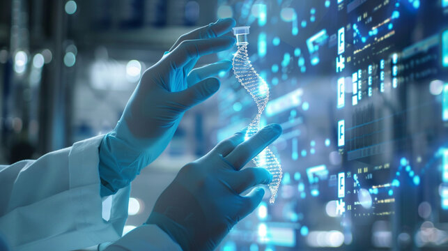 Medical Researcher Wearing Gloves and Examining Virtual DNA Structure in Advanced Genetic Engineering Laboratory Environment