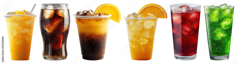 Poster png colorful refreshing assorted beverages, element set on transparent background