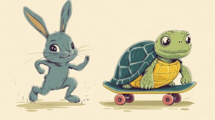 Humorous modern art depicting a running rabbit and a cute turtle on a skateboard, symbolizing the classic fable of speed versus perseverance with a contemporary twist