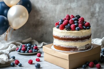 Beautiful naked cake topped with fresh raspberries and blueberries on a kraft paper gift box, with balloons in the background, symbolizing celebration, natural sweetness, and a festive occasion