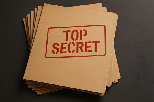Top secret confidential document folder stack, intelligence classified information archive, government secure file storage, spy secret agency paperwork, security clearance, dark background office file