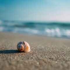 Seashell serenity calm beach scene tranquil seaside coast orange and brown shell against soft wave background vacation memory