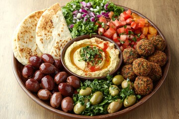 Wholesome Mediterranean platter featuring falafel, hummus, pita bread, fresh salad, and various olives, symbolizing a healthy, flavorful, and complete meal