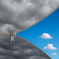 Zipper opening storm clouds revealing blue sky with sunshine, metaphor of hope and positive change, concept of transformation, clear weather breakthrough, contrast optimism escape from darkness

