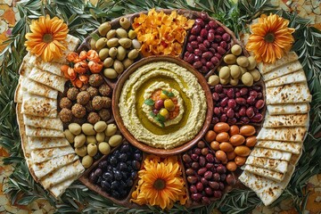 Top-down view of a Mediterranean platter artfully arranged with various olives, falafel, hummus, pita bread, and vibrant orange flowers, symbolizing a bountiful and festive shared meal.
