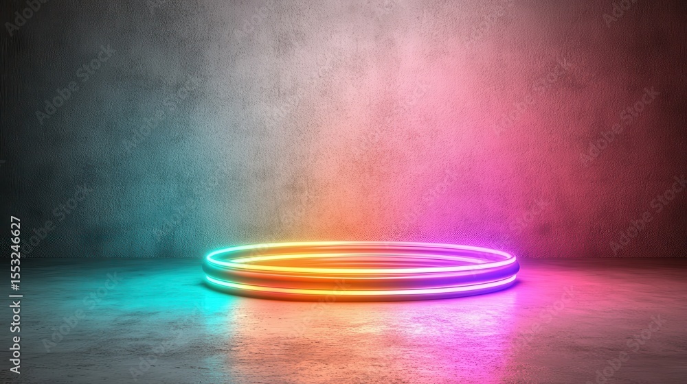 Poster a dazzling circular pattern of neon lights illuminates a dimly lit space, creating a vibrant atmosph