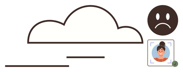 Cloud icon, sad emoticon, scanning face profile suggest digital storage, emotions, AI, privacy, advanced technology. Ideal for cybersecurity, emotions AI ethics online profile privacy cloud