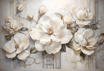 3D Floral Wallpaper with White Roses and Classic Columns. Romantic Wall Mural for Interior Decor. 3D wallpaper White Rose on the background of columns.