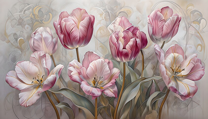 Large Tulips In Various Blooms Against A Soft Background. Watercolor Illustration Pink Tulips on soft abstract background. Wall Art for Interior Decor. Wallpaper Floral Design