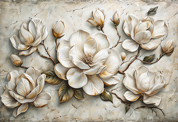 Wallpaper 3D wallpaper of blooming white magnolias on gray background graouge style.  Botanical Illustration with Magnolia Flowers on Concrete Gray Background. 3D Floral Wallpaper