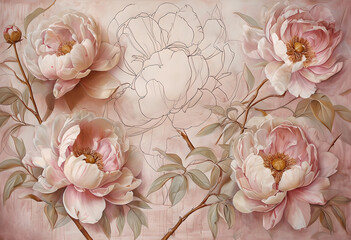 Pink Peonies floral wallpaper on a textured pink background. Floral Illustration of Pink Peonies with Soft Abstract Background