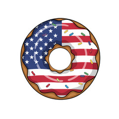 Traditional donut with icing in colors of USA flag, american stars and stripes frosting, isolated on transparent background. 4th of july celebration, independence day for bakeries and pastry
