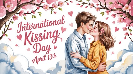 Couple kissing on international kissing day with a heart-shaped background, clouds, and vibrant leaves