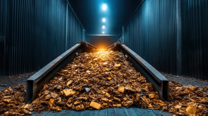 An industrial scene illuminated by light highlighting a pile of waste material, representing the issues of consumption, waste management, and urban decay in modern society.