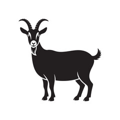 Obraz premium Silhouette of a standing goat with horns and beard, farm animal livestock icon for rural design use.
