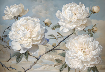 Blooming white peonies in retro style on gentle cloudy background. Floral wallpaper with white flowers. Floral illustration White peonies on the background of blue sky