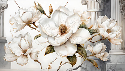 3D Floral Wallpaper with White Magnolias and Classic Columns. Romantic Wall Mural for Interior Decor. 3D Wallpaper White Magnolias on the Background of Columns.
