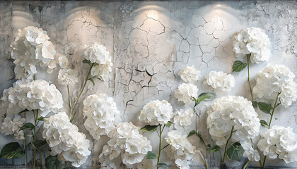 White hydrangea floral wallpaper on old white worn concrete wall. White concrete wall with cracks. White Hydrangea flowers on old grunge wall background.