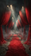 Vibrant red curtains frame a dramatic pathway in an atmospheric setting with soft lighting and mist