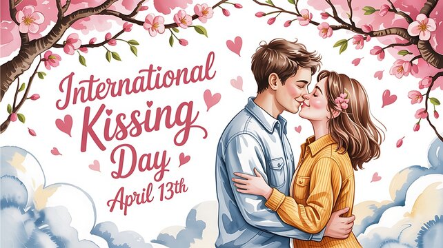 Couple kissing on international kissing day with a heart-shaped background, clouds, and vibrant leaves