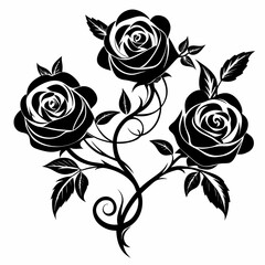 Elegant black silhouette of three blooming roses on a white background