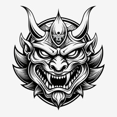 Fierce japanese oni mask with sharp teeth and horns in black and white