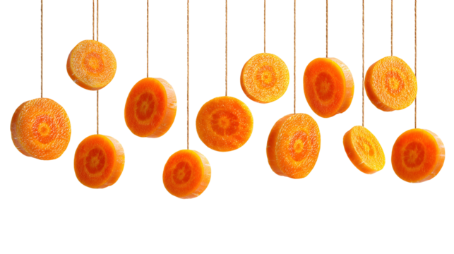 Carrot slices hanging on string against black background