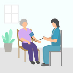 Obraz premium Nurse Measuring Blood Pressure of Elderly Woman at Home, Healthcare and Senior Care. Elderly wellness. Ideal for medical, healthcare, insurance, and caregiving content. Vector illustration.