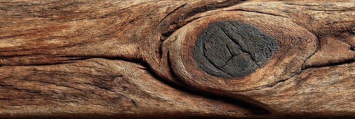 Close up of weathered wood showcasing unique grain patterns and a dark knot against a rustic background in natural light