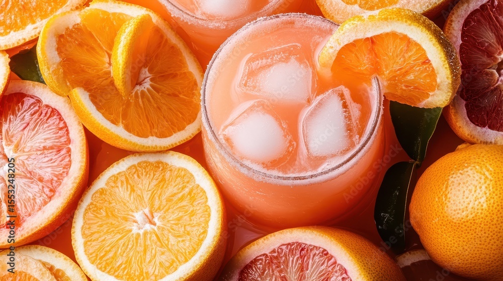 Poster a vibrant, refreshing drink is presented with ice cubes and adorned with citrus slices, showcasing a