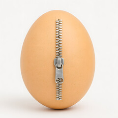 Whole egg with silver zipper on shell, surreal conceptual object isolated on white, abstract food creativity, design idea symbolizing surprise, transformation, innovation, imagination, surreal express