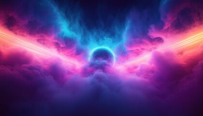 Vibrant cosmic scene with glowing planet surrounded by colorful nebula clouds in shades of blue, pink, and purple, illuminated by radiant light beams