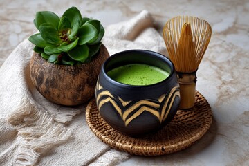 Stylish Japanese Matcha Set on White Surface with Plant Accents