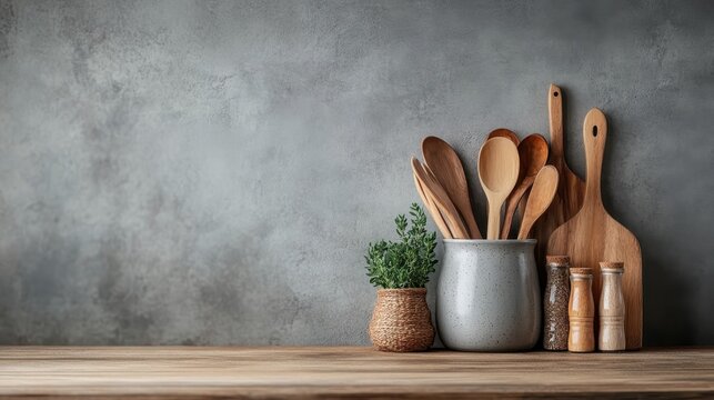 An artistic arrangement of wooden kitchen utensils and decorative items in a modern kitchen setting, perfect for culinary inspiration and home decor aesthetics.