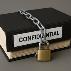 Confidential file locked with metal chain and brass padlock, privacy protection concept, secure data document binder, restricted access legal archive, secrecy metaphor, private information security sy