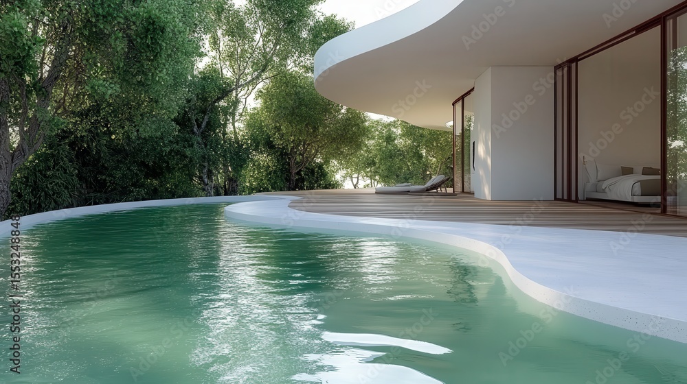 Poster a stunning modern house with a curved design situated near a serene pool surrounded by lush trees, c