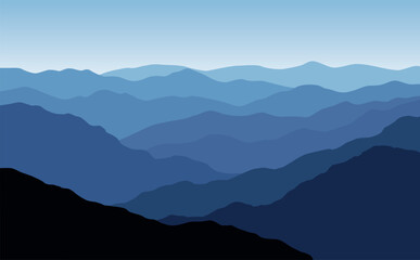 Vector horizontal landscape with blue silhouettes of mountains and hills
