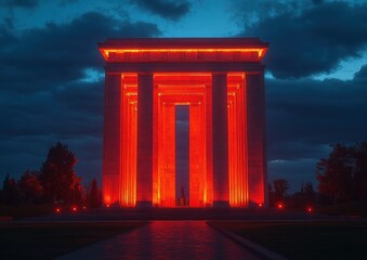 Obraz premium Majestic illuminated monument with tall columns glowing bright orange against a dramatic dark blue cloudy sky at dusk