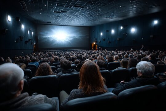 Crowded Cinema Auditorium with Full Audience in Dark Environment