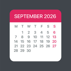 September 2026 Calendar Leaf - Vector template graphic Illustration