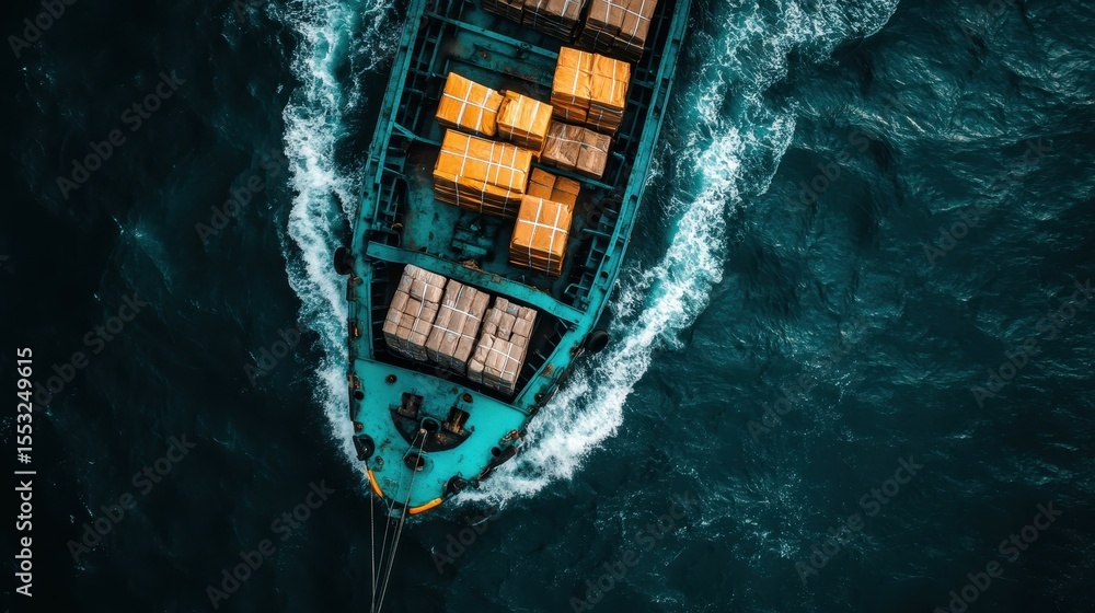 Poster this aerial view captures a cargo vessel loaded with crates navigating through vibrant ocean waters,