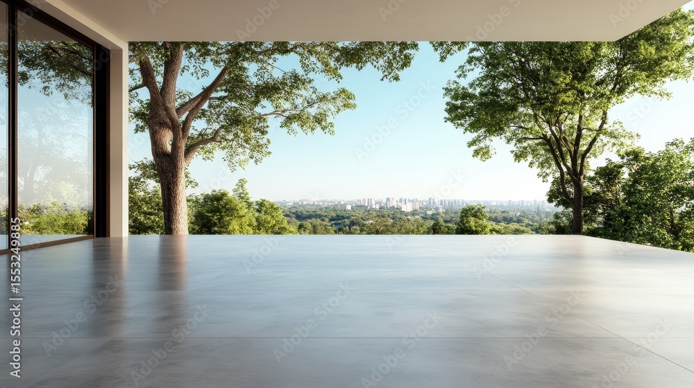 Poster bright open space showcasing large windows and a stunning view of lush greenery and a bustling city 