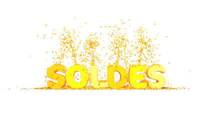 texte SOLDES écrit en jaune avec jets de confettis sur le dessus - commerce - rendu 3D sur fond transparent
