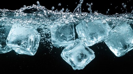 A dramatic close-up view of crystal-clear ice cubes dramatically splashing into dark water, creating a stunning visual impact with dynamic bubbles and movement.