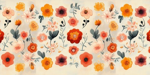 Pattern of vibrant red, orange, pink, and yellow flowers with green leaves arranged on a beige background, creating a cheerful and lively floral design