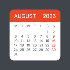 August 2026 Calendar Leaf - Vector template graphic Illustration