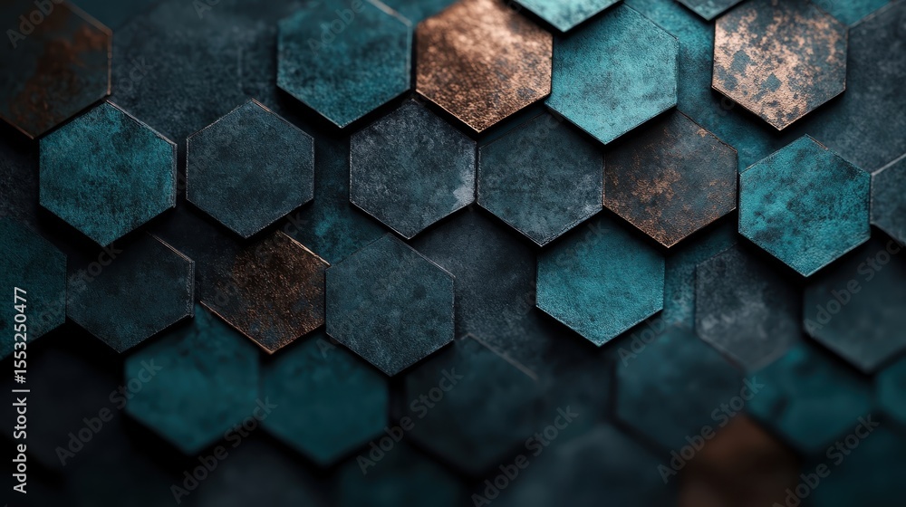 Aufkleber an abstract composition featuring a patterned hexagonal metal surface with a mix of contrasting tone
