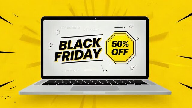 Illustration of a laptop displaying a Black Friday 50% off promotion with a yellow background.